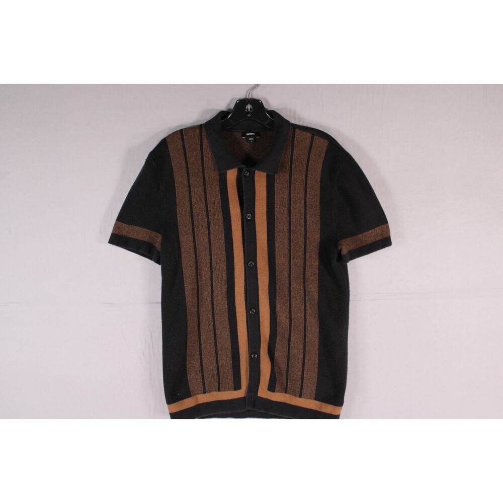 Express Men's S Black Brown Striped Knit Button Front Polo Shirt 100% Cotton